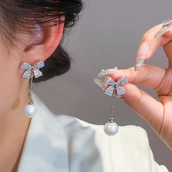MIKAMU 14K Gold bow Earrings for Women CZ cubic zirconia Gold Plated trendy Pearl Earring for Women Jewelry Birthday Gifts for
