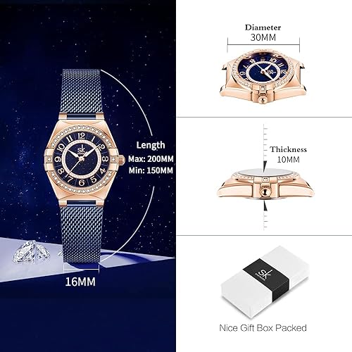 SK Ladies Easy Read Watch with Arabic Numerals Crystal Diamond Women Dress Watches Water Resistant
