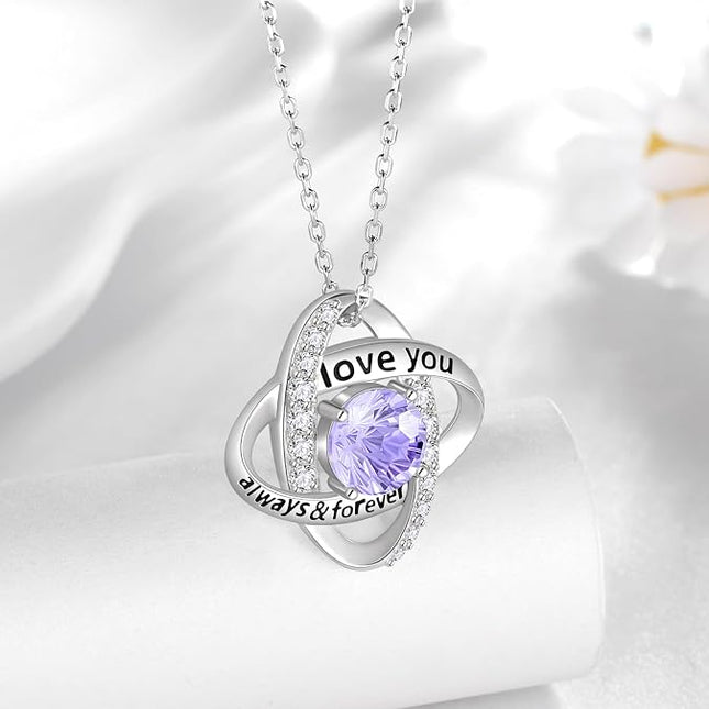 Aurora Tears Birthstone Love Knot Pendant Necklace - 925 Sterling Silver Firework-Cut Cubic Zirconia Love You Forever Necklace Anniversary Birthday Jewelry Gift for Women Wife Mom Daughter