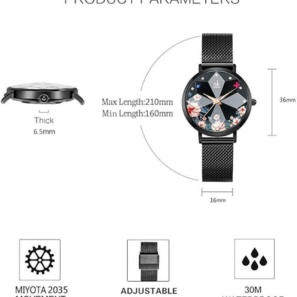 SHENGKE Creative Starry Sky Women Watch with Stainless Steel Mesh Band Genuine Leather Elegant Floral Women Watches