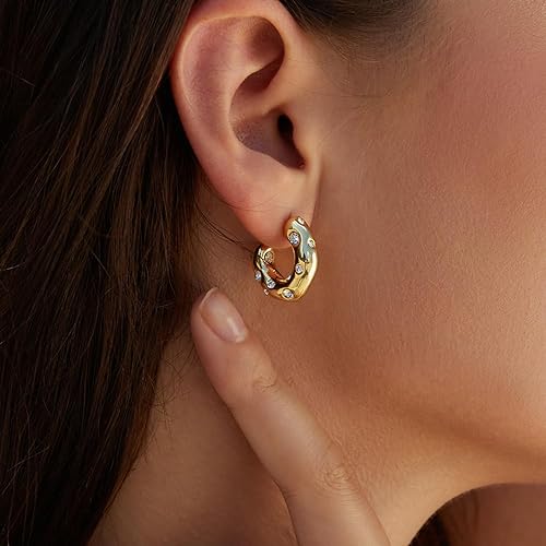 FRUMOS Gold Earrings for Women Girls,14K Gold Plated Hoop Earrings with 925 Sterling Silver Post Cubic Zirconia Stud Earring