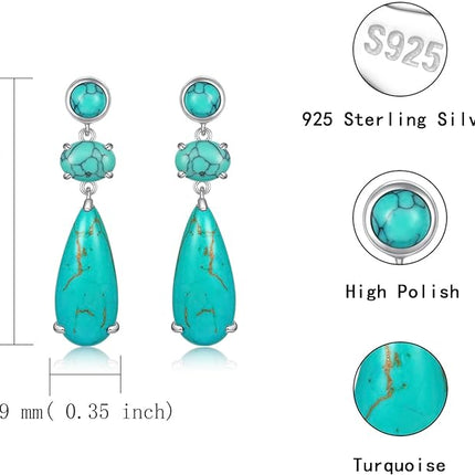 Sterling Silver Turquoise Dangle Earrings for Women: Bohemia Hypoallergenic Dangle Drop Stud Earrings Jewelry Gift Birthday Mother's Day Christmas Gift for Women