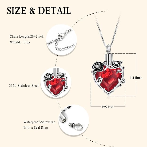 Rose Flower Cremation Urn Necklace for Ashes Heart Crystal Memorial Jewelry for Women Urn Keepsake Pendant Human Pet Memorial Locket Holder