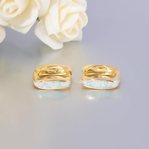 CiNily Huggie Hoop Earrings for Women Hypoallergenic, Square Opal Hinged Hoop Earrings, 14K Gold Plated Chunky Gold Hoop Earrings for Sensitive Ears Lightweight Jewelry for Christmas Gifts