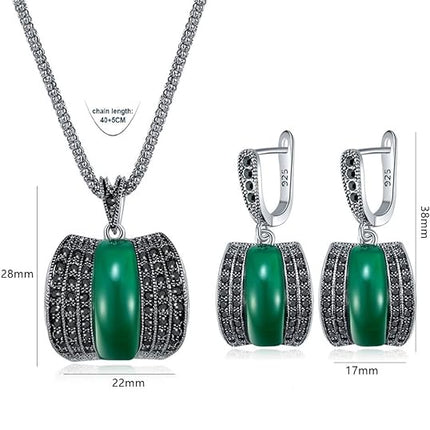 Zyoenxl Vintage Green Black Crystal Geometric Stone Necklace Earrings Fashion Jewelry Sets Christmas Day Gifts