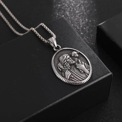 NIGHTCRUZ Jesus Shepherd Necklace, Oval Religious Medal Medallion Stainless Steel for Men