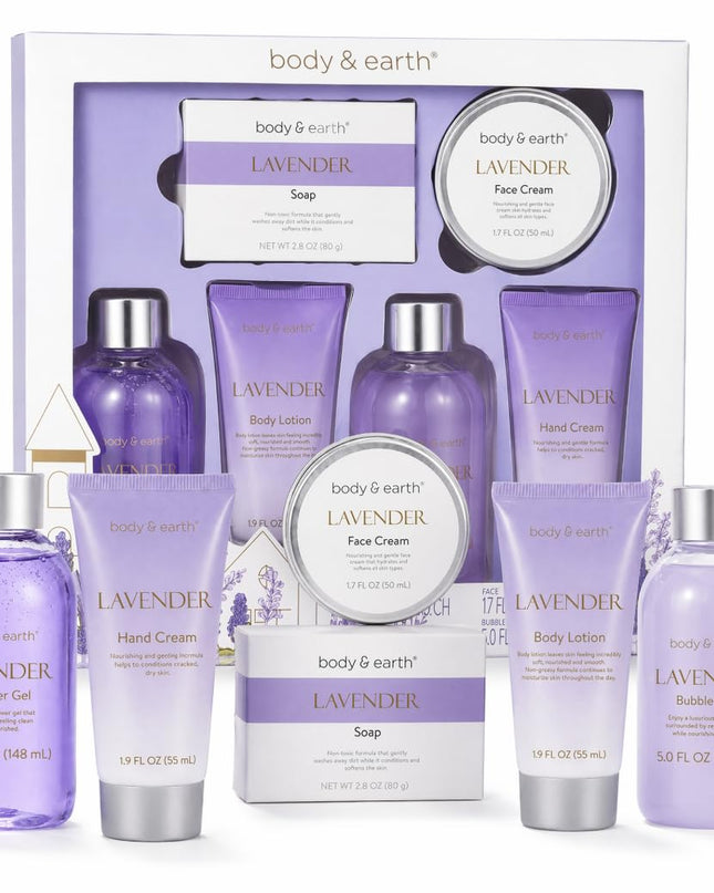 BODY & EARTH Bath and Body Gift Box for Women- 6 Pcs Lavender Bath Kit for Women Spa Set, Birthday, Christmas Gift Set Includes Body Lotion, Bubble Bath, Shower Gel