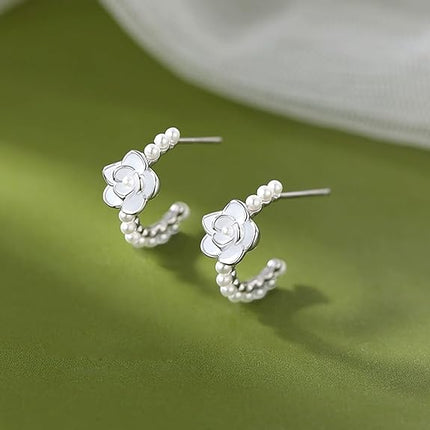 SLUYNZ Sterling Silver Flower Pearls Hoop Earrings for Women Teen Girls Huggie Earrings Wedding Earrings for Statement Bridal Mothers Day Gifts Jewelry