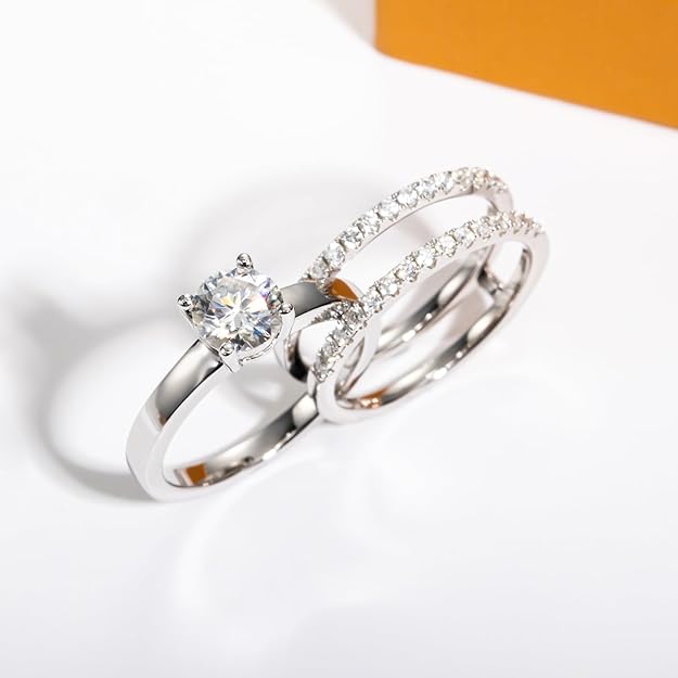 Moissanite Wedding Rings Bridal Set 3.7CTTW D Color VVS1 Clarity Round Brilliant Cut 925 Sterling Silver Moissanite Wedding Band Engagement Rings for Women with Certificate