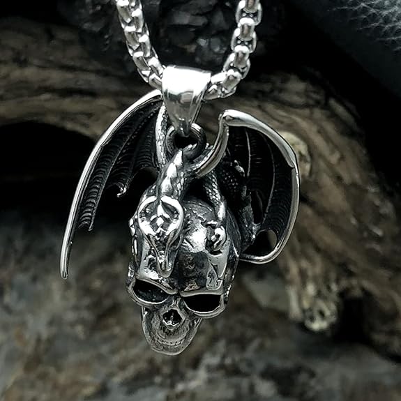 bahamut Mens Skull Dragon Pendant Necklace for Men Boys Silver Gold Cool Goth Accessory Jewelry with Stainless Steel Chain
