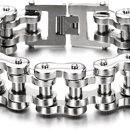 COOLSTEELANDBEYOND Heavy Sturdy Mens Motorcycle Chain Bike Chain Bracelet of Stainless Steel Silver Color Polished