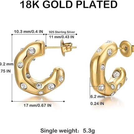 FRUMOS Gold Earrings for Women Girls,14K Gold Plated Hoop Earrings with 925 Sterling Silver Post Cubic Zirconia Stud Earring