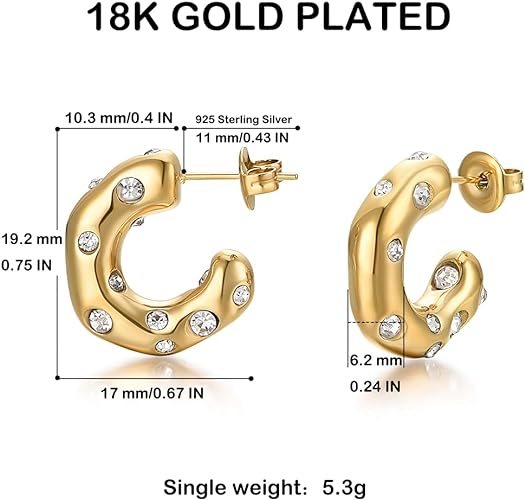 FRUMOS Gold Earrings for Women Girls,14K Gold Plated Hoop Earrings with 925 Sterling Silver Post Cubic Zirconia Stud Earring