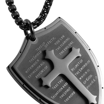 HZMAN Shield Armor of God Ephesians 6:16-17, Faith Cross Stainless Steel Pendant Necklace