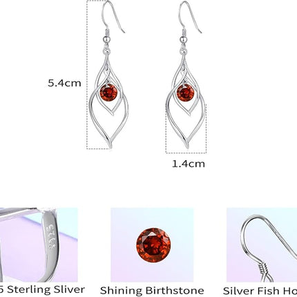 Birthstone Dangle Drop Earrings for Women - 925 Sterling Silver Birthstones Double Twist Leaf Linear Swirl Earrings Infinity Piercing CZ Fish Hook Earring, Classic Birthday Jewelry