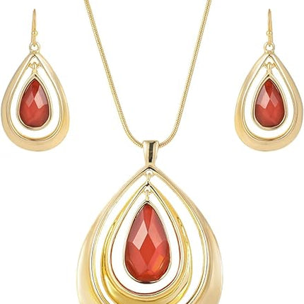 Madison Tyler Gold Plated Jewelry Set for Women | Silver Teardrop Pendant Necklace Trendy | Long Necklace with Snake Chain | Fashion Dangle Earring Set