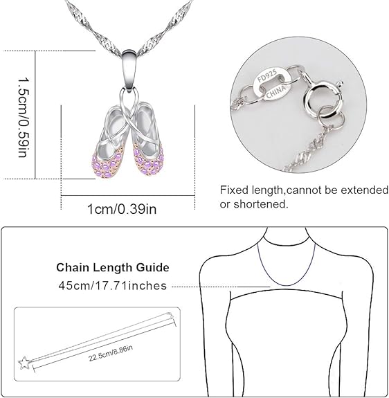 925 Sterling Silver Ballerina Necklace Jewelry Cubic Zirconia Ballet Slippers Shoes Necklace Unicorns Gifts for Girls Teen & Dancer 18"