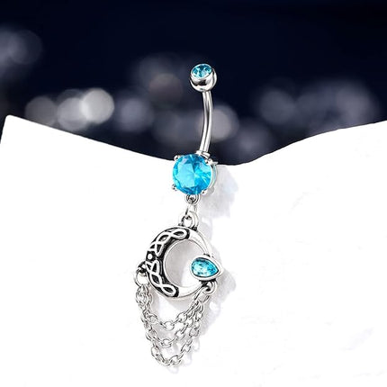 COCHARM Moon Chain Dangle Belly Button Rings Aqua CZ Dangly Belly Rings for Women Belly Piercing Jewelry Dangling Stainless Steel