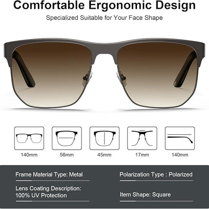 CARFIA Square Driving Polarized Sunglasses for Men Wide Metal Frame Spring Hinge Eyewear CA5227