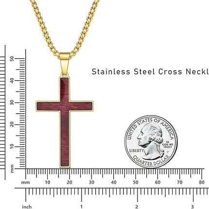 Rnivida Mens Stainless Steel Wood Inlay Cross Pendant Necklace, Christian Wood Cross Necklace 24" Round Box Chain