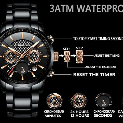 CRRJU Men's Business Casual Chronograph Quartz Waterproof Wristwatch Black Leather Strap