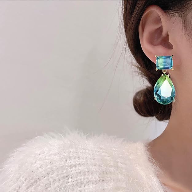 Crystal Earrings CXUEMH Teardrop Earrings for Women Blue and Green Dangle Earrings Elegant Earrings for Prom Emerald Green Earrings Formal Jewelry Crystal Drop Earrings
