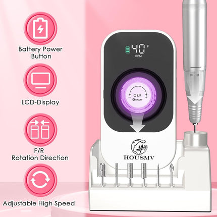 Portable Nail Drill Electric File: 40000RPM Professional Rechargeable Nail E-File Machine, Cordless Nail Drill with Bits & Base for Acrylic Nails Remove Nail Gel Polish Manicure for Salon Home, White