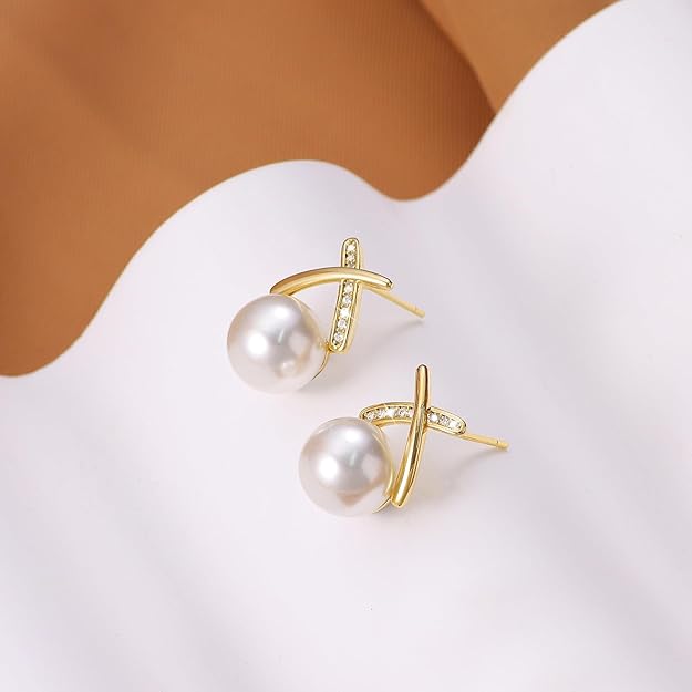 Pearl Earrings for Women 14K Gold Plated Hypoallergenic Pearl Earrings 5A Cubic Zirconia Dangle Earrings Elegant Jewelry