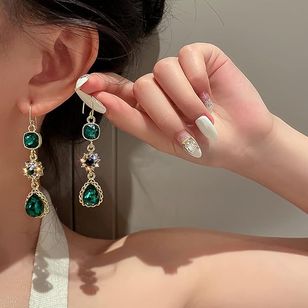 Emerald Green Earrings Emerald Green Crystal Dangle Earring Drop Earrings Wedding Bridal Jewelry for Women (Style 2)