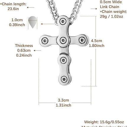 HZMAN Silver Cross Necklace for Men Hip Hop Stainless Steel Rotatable Bicycle Chain Men's Cross Pendant Necklace Jewelry Gift