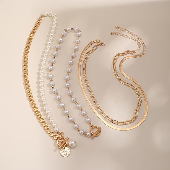 Gold Layered Chunky Necklace for Women Paperclip Chain Pearl Necklace Herringbone Necklace Gold Chunky Necklaces