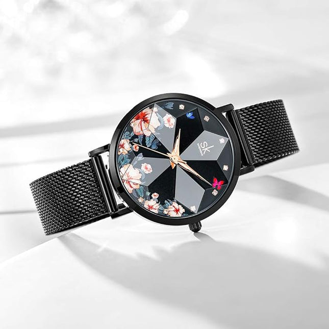 SHENGKE Creative Starry Sky Women Watch with Stainless Steel Mesh Band Genuine Leather Elegant Floral Women Watches