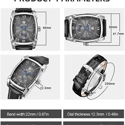BENYAR Waterproof Classic Rectangle Case Vintage Design Watches Leather Strap Business Casual Wrist Watch for Men