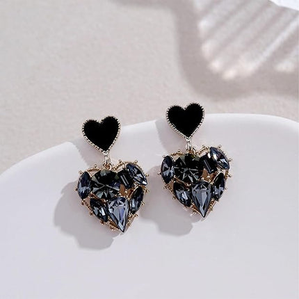 HETICA Double Heart Earrings for Women, Black Cubic Zirconia Heart Drop Earrings Love Heart Dangle Earrings Jewelry Gifts for Women