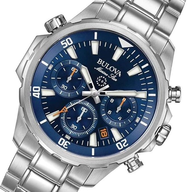 Bulova Men's Marine Star Series B Stainless Steel 6-Hand Chronograph Quartz Watch, Blue Dial Style: 96B256