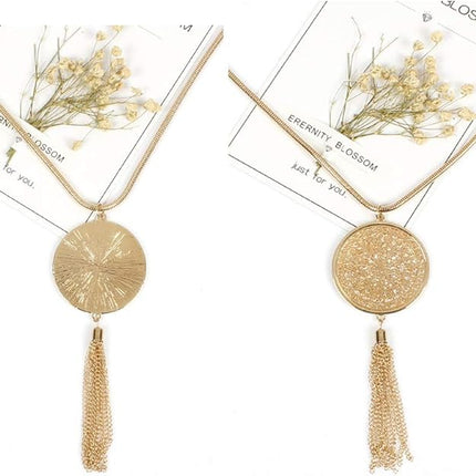SEVENSTONE 3PCS Long Pendant Necklaces for Women Knot Disk Circle Tassel Statement Sweater Necklace Set