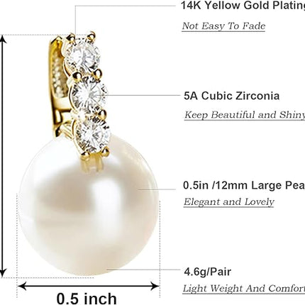 Kesaplan Pearl Earrings for Women Girls 14K Gold Plated Hypoallergenic Pearl Earrings 5A Cubic Zirconia Dangle Earrings Elegant Jewelry for Gifts