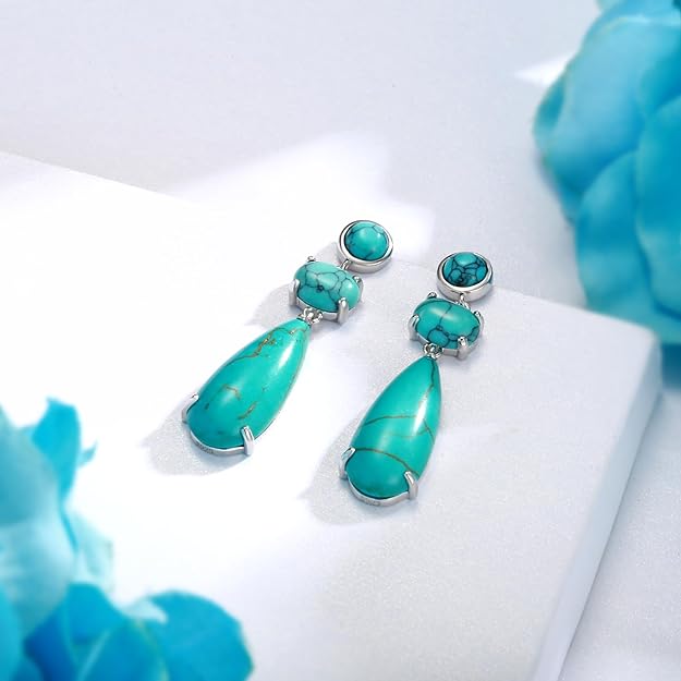 Sterling Silver Turquoise Dangle Earrings for Women: Bohemia Hypoallergenic Dangle Drop Stud Earrings Jewelry Gift Birthday Mother's Day Christmas Gift for Women