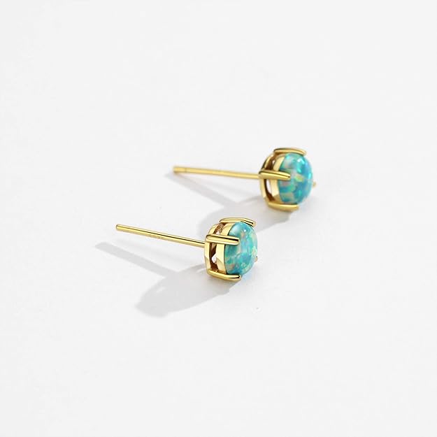 Sterling Silver Opal Stud Earrings for Women 18K Gold Plated 5mm Solitaire Opal 4 Prongs Setting Simple Earrings for Women