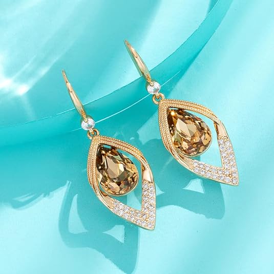 Austrian Crystal Teardrop Hollow Leaf Drop Dangle Earrings for Women 14K Rose Gold Plated Hypoallergenic Jewelry
