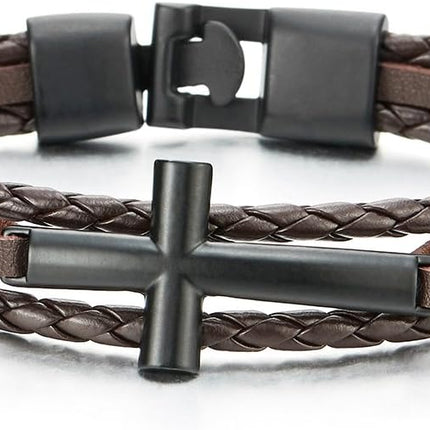 COOLSTEELANDBEYOND Black Horizontal Sideway Lateral Cross Brown Braided Leather Bangle Bracelet for Men Women Wristband