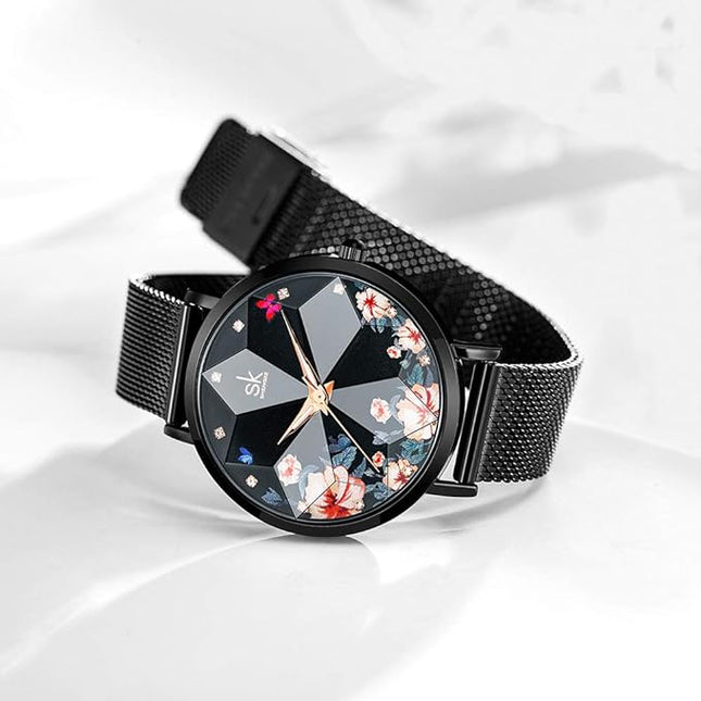 SHENGKE Creative Starry Sky Women Watch with Stainless Steel Mesh Band Genuine Leather Elegant Floral Women Watches