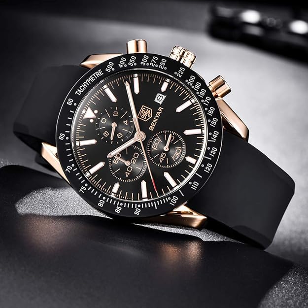 BENYAR - Stylish Wrist Watch for Men, Genuine Silicone Strap Watches, Perfect Quartz Movement, Waterproof and Scratch Resistant, Analog Chronograph Quartz Business Watches