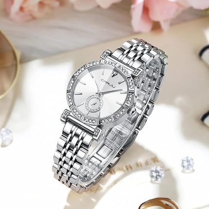CRRJU Classic Fashion Women's Rhinestone Diamond Wrist Watches Stainless Steel Japanese Quartz Movement Analog Dress Watches for Women