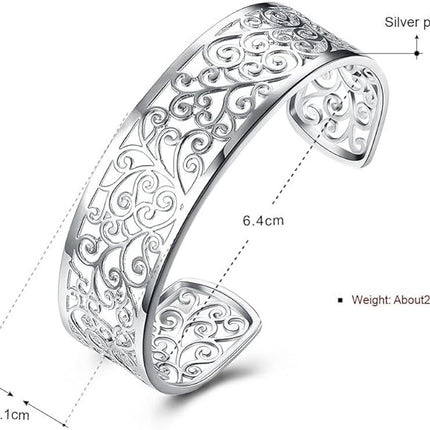 925 Sterling Silver Bangle Cuff Bracelets For Women, Hollow Open Bangle Bracelet Jewelry For Women