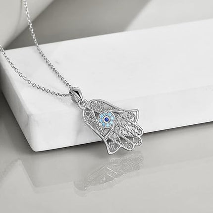 YAFEINI Hamsa Hand Evil Eye Necklace 925 Sterling Silver I Love You Necklace 100 Languages Projection Pendant Necklace for Women