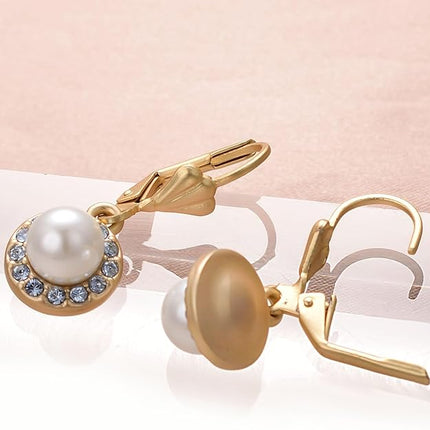 Pearl Drop Earrings for Women 18K Gold Plated Cubic Zirconia and White Pearl Dangle Earrings Leverback Earrings Dainty Jewelry