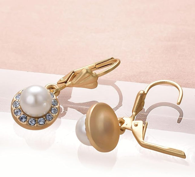 Pearl Drop Earrings for Women 18K Gold Plated Cubic Zirconia and White Pearl Dangle Earrings Leverback Earrings Dainty Jewelry