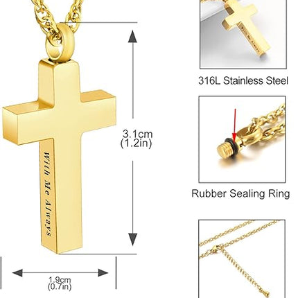 Cremation Cross Necklace for Ashes Stainless Steel Cross Urn Pendant Ashes Holder Memorial Jewelry-With Me Always