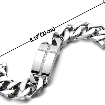 COOLSTEELANDBEYOND Mens Large Stainless Steel Cross Identity Curb Chain Bracelet Set with Cubic Zirconia Hip Hop Rock